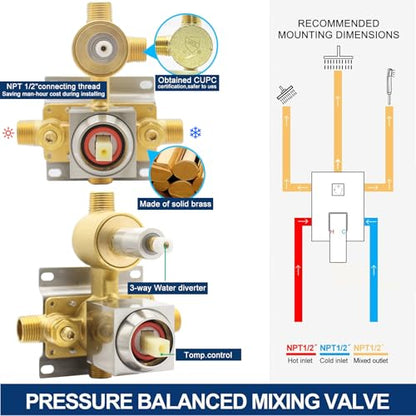 Shower System Dual Shower Heads with 12" Ceiling Mounted Rain Shower Head & 6" Wall Mounted Head Full Body Luxury Rain Shower System 3 Way Pressure Balance Valve Kit, Brushed Gold - color: Brushed Gold, style: 12inch+6inch