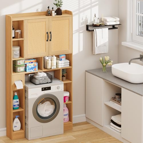 Vabches Farmhouse Style Rattan Over-The-Toilet Storage Cabinet with 2 Rattan Doors, Toilet Paper Holder - Space-Saving Oak Bathroom Organizer. - color: Rattan Oak