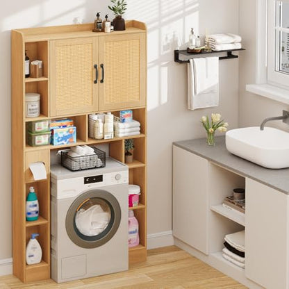 Vabches Farmhouse Style Rattan Over-The-Toilet Storage Cabinet with 2 Rattan Doors, Toilet Paper Holder - Space-Saving Oak Bathroom Organizer. - color: Rattan Oak