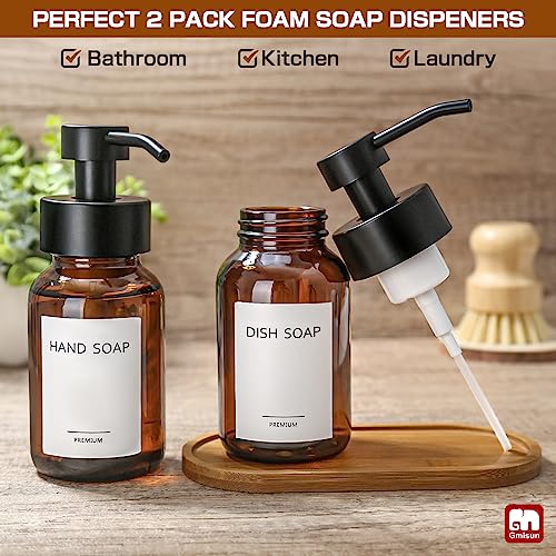 GMISUN Foaming Soap Dispenser, 8.5 fl oz / 250ml Amber Glass Foam Soap Dispenser for Bathroom & Kitchen, 2 Pack Modern Refillable Foaming Hand Soap Dispensers, Foam Pump Bottle with Waterproof Labels - color: Amber Bottle, size: 8.5 Fl oz without Silicone