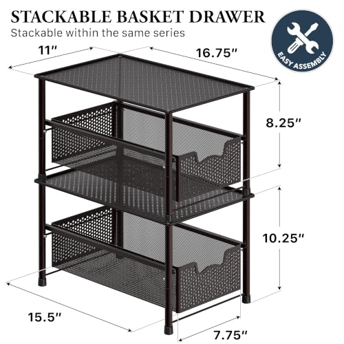 Simple Houseware Stackable Under Sink Sliding Basket Drawer, Brown | Perforated Free Standing Organizer, Kitchen/Pantry/Cabinet/Counter - color: Bronze