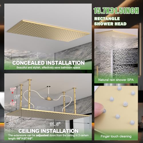 HOMEDEC 15.7x31.5" Ceiling Rain Shower System with Handheld, 6 Spray Jets, and Dual Side 6" Wall Mount Shower Head, Brushed Gold - color: Brushed Gold, style: 5-Way + 2x 6" Top