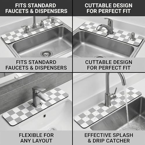 Cuttable Faucet Mat for Kitchen Sink: 30"Lx5.5"W DIY to Fit Irregular Sink with 2 & 3 Holes or Soap Dispenser - Customizable Checkered Absorbent Sink Splash Guard & Bathroom Counter Protector - size: 6" x 2'6"