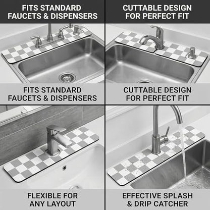 Cuttable Faucet Mat for Kitchen Sink: 30"Lx5.5"W DIY to Fit Irregular Sink with 2 & 3 Holes or Soap Dispenser - Customizable Checkered Absorbent Sink Splash Guard & Bathroom Counter Protector - size: 6" x 2'6"