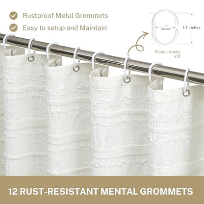 Farmhouse White Shower Curtain Boho, 72 x 72 Cotton Blend Tufted Weave Waffle Stripe Textured Heavy Duty, Fabric Shower Curtain for Bathroom, Hotel - color: White B, size: 72"W x 72"L (Pack of 1)