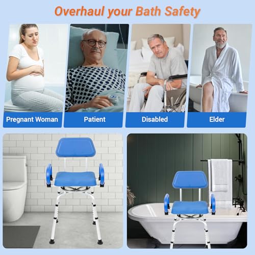 Mobi-Bench Swivel Shower Chair with Padded Seat, Back & Arms - 360° Rotating Bath Chair, Adjustable Height, Heavy Duty Bariatric - 300lb Capacity