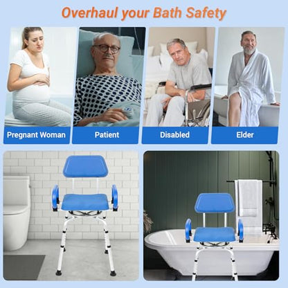 Mobi-Bench Swivel Shower Chair with Padded Seat, Back & Arms - 360° Rotating Bath Chair, Adjustable Height, Heavy Duty Bariatric - 300lb Capacity