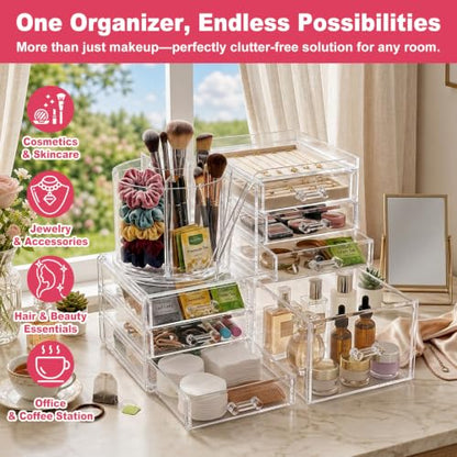 2-Tier Acrylic Makeup Organizer, 360° Rotating Brush Holder & 7 Drawers | Stackable Design; 7 Detachable Drawers; Crystal Clear Display; Space-Saving Countertop Caddy for Vanity, Bedroom & Bathroom - size: 2 Tier-7 Drawers
