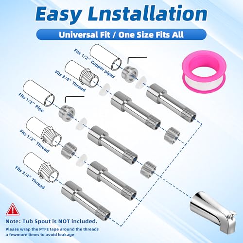 Tub Spout Adapter Kit, 304 Stainless Steel, Universal Fit for 1/2" Copper Pipe, 1/2" IPS and 3/4" IPS Threads, Bathtub Faucet Spout Repair Kit for Diverter & Non-Diverter Spouts