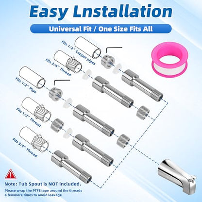 Tub Spout Adapter Kit, 304 Stainless Steel, Universal Fit for 1/2" Copper Pipe, 1/2" IPS and 3/4" IPS Threads, Bathtub Faucet Spout Repair Kit for Diverter & Non-Diverter Spouts