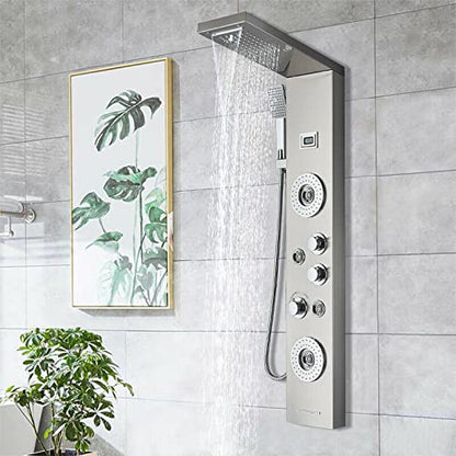 LED Light Shower Panel Tower Rainfall Waterfall Shower Head with Massager Jets Body System Jet Black B (Color : Brushed Nickel F) - color: Brushed Nickel F
