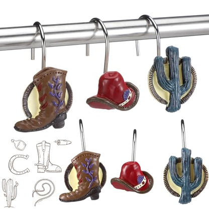 Roowest 12 Pcs Western Cowboy Shower Curtain Hooks Western Shower Curtain Hooks Stainless Steel Rust Resistant Rings Hangers for Winter Farmhouse Rustic Bathroom Decor - style: Western Cowboy