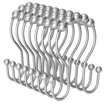 Shower Curtain Hooks Silver, Bathway Shower Curtain Rings Rust Proof, Shower Hooks for Shower Curtain Balanced Smooth Glide Double Shower Curtain Hooks, 12 Pcs - color: Space Silver