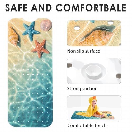Bath Mat for Tub, Blue Seashell, 40 X 16 Inch, for Bathtub | Summer Beach Starfish Extra Long Tub with Suction Cups and Drain Holes for Kids Adults Elderly - color: Underwater Ocean Starfish