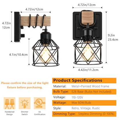FadimiKoo Dimmable Wall Sconces Set of Two, Bedside Wall Mounted Lamp with Rotary Switch, Wooden Black Bathroom Light Fixtures with Metal Cage, Hardwired Farmhouse Wall Lights for Bedroom, Living Room - color: Black, size: 1-Light (2 Pack)