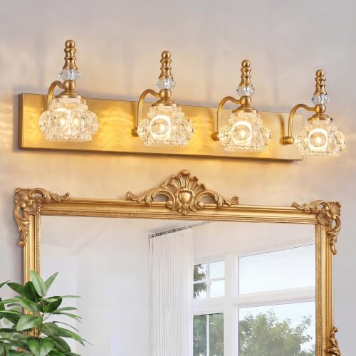 Modern Glass Crystal Vanity Light - Vintage Bathroom Lighting Fixtures Over Mirror, 4 Light Vanity Lights G9 Bulb (27.55 Inch,Brass) - color: Brass, size: 4-light