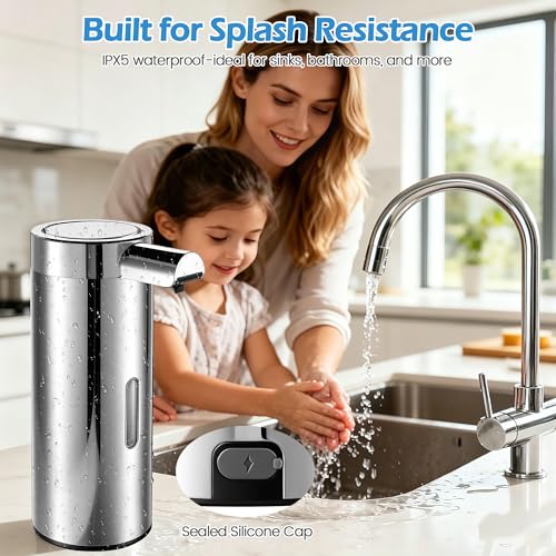 Automatic Soap Dispenser Touchless Soap Dispenser, 360 ML Rechargeable Sensor Pump with 304 Stainless Steel, 3-Level Adjustable, Water-Resistant for Kitchen Bathroom, Silver