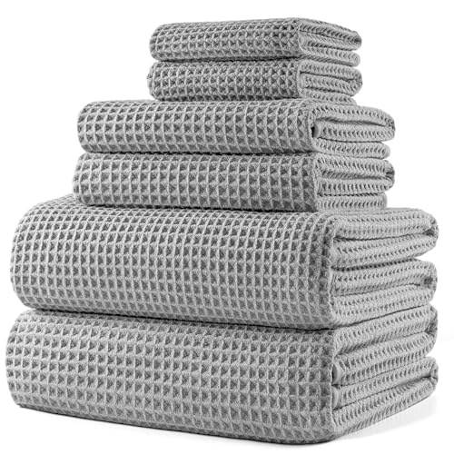 POLYTE 430 GSM Poly Blend Microfiber Quick Dry Waffle Bath Towel Set of 6 | 2-Body Towels, 2-Hand Towels, 2-Wash cloths, Oversize, Lint Free - color: Light Gray