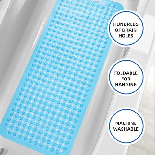 MOONFLY Shower and Bathtub Mat,40x16 Inches,Extra Long Non Slip Mats with Suction Cups and Drain Holes, Machine Washable and Anti Slip Bathmats, Bathroom Mats for Tub Nonslip (Clear Blue) - color: Clear Blue