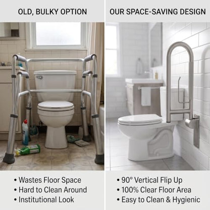 Flip Up Grab Bar, Fold Down Stainless Steel Handicap Grab Bars for Toilet with Knurled Surface, Swing Up Toilet Rails, 90 Degree Bathroom Safety Frame for Seniors, Shower & Tile Wall