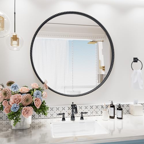 PROHOMEWARE Black Round Bathroom Mirrors, 28 inch Circle Wall Mounted Hanging Mirror for Entryway,Living Room,Hallway,Bathroom,Bedroom - color: Black, size: 28"L x 28"W