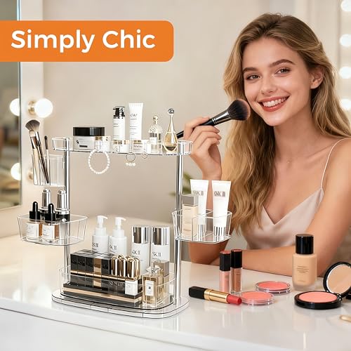 360°Rotating Makeup Organizer,Makeup Organizer Countertop with Brush Holder and Perfume Stand,Bathroom Counter Organizer,Skincare Holder Stand for Vanity,Detachable Hanging Hooks