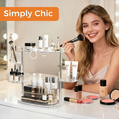 360°Rotating Makeup Organizer,Makeup Organizer Countertop with Brush Holder and Perfume Stand,Bathroom Counter Organizer,Skincare Holder Stand for Vanity,Detachable Hanging Hooks