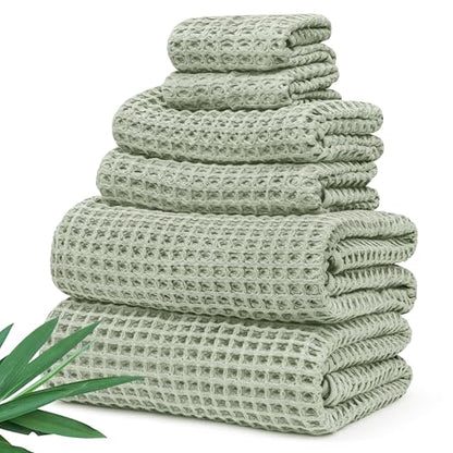 Alusa Home Ultra Soft Viscose from Bamboo Waffle Towels - Lightweight Bath Towel Set of 6 - Compact, Quick Dry & Lint Free (Eucalyptus Green) - color: Eucalyptus Green