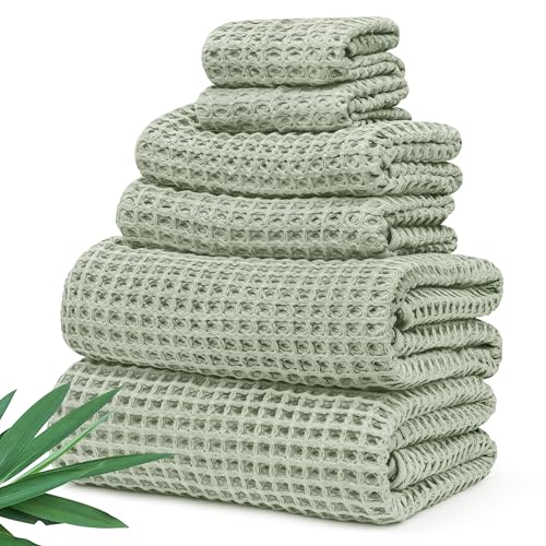 Alusa Home Ultra Soft Viscose from Bamboo Waffle Towels - Lightweight Bath Towel Set of 6 - Compact, Quick Dry & Lint Free (Eucalyptus Green) - color: Eucalyptus Green