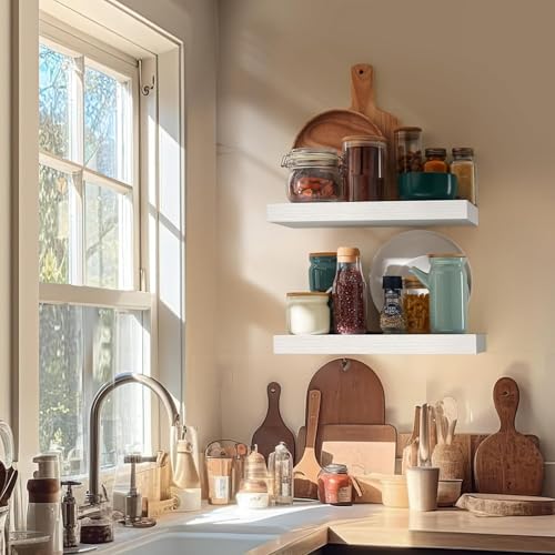 AMADA HOMEFURNISHING Floating Shelves Wall Mounted, 15 x 7 Inch Wall Shelves for Bathroom, Bedroom, Living Room, White Shelves Set of 2 - color: White, size: 15 inches