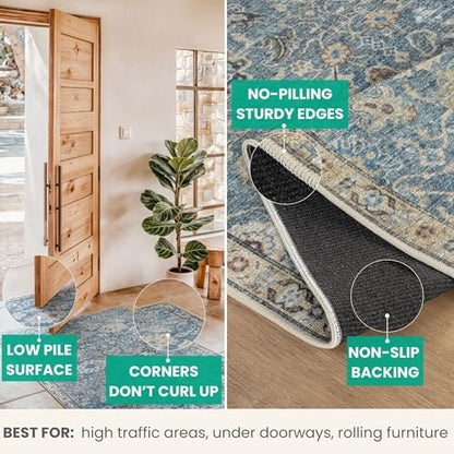 Bloom Rugs Caria Washable Non-Slip 7 ft Runner - Blue/Beige Traditional Runner for Entryway, Hallway, Bathroom, and Kitchen - Exact Size: 2'6" x 7' - color: Blue / Beige, size: 2'6" x 7' (Runner)