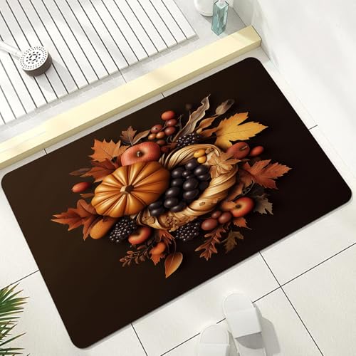 Autumn Harvest Small Bath Mat Non Slip, Thanksgiving Bathroom Floor Mat, Pumpkin Maple Leaves Shower Rug Quick Dry Washable Absorbent Diatomaceous Earth Mats Door Mats Kitchen Rug 18"x30" - color: Brown, size: 1'6" x 2'6" (Rectangular)