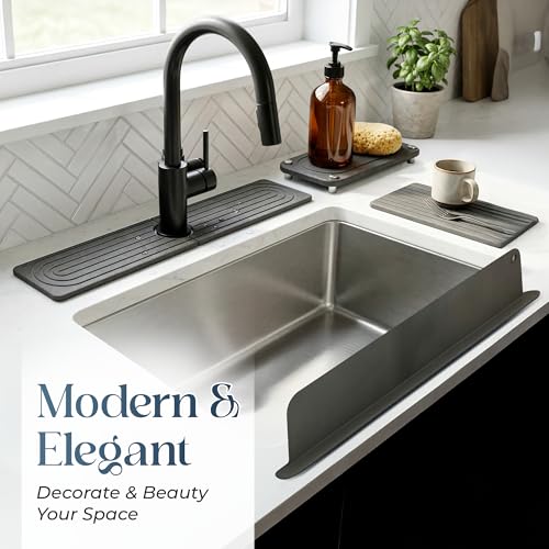 4-Piece Stone Sink Splash Guard Set – Absorbent Diatomite Kitchen Sink Mat with Faucet Cutout, Heat Resistant Stone Drying Mat, Non-Slip Trivet & Splash Guard
