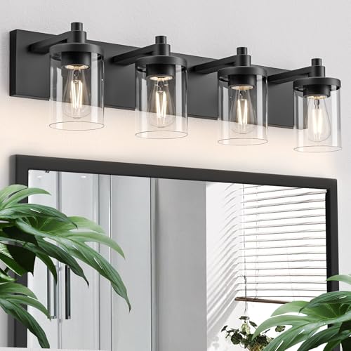 Bathroom Vanity Light, 4 Light Matte Black Light Fixture with Clear Glass Shade, 29 in Modern＆Farmhous Vanity Lights, Bathroom Light Fixtures Over Mirror for Bathrooms, Livingroom - color: Black with Round Glass, size: 4 Light