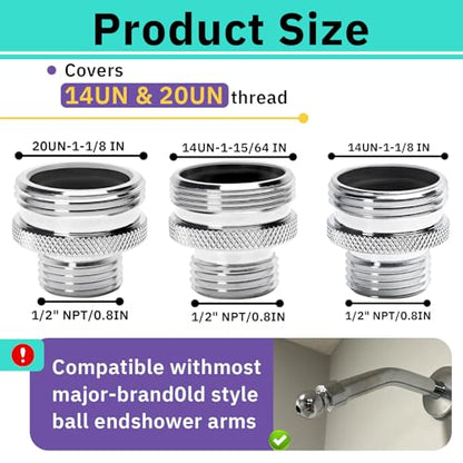 3PCS 1/2 Inch NPT Ball End Shower Arm Adapter for Vintage 14UN & 20UN Arms | Converts To 1/2'' Standard Fittings, Male Pipe Thread Old Style Head