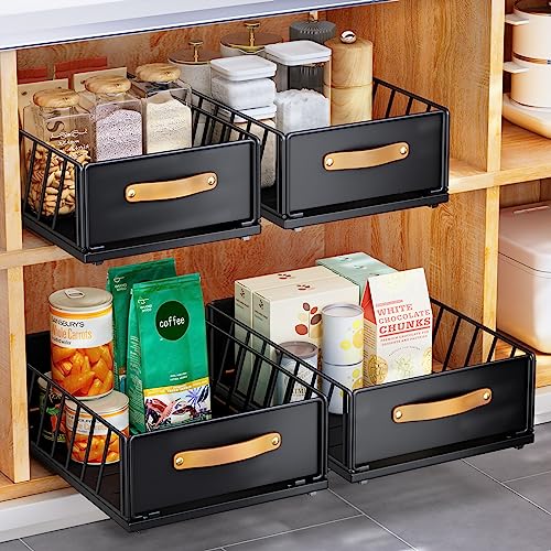 Pull out Cabinet Organizer,Heavy Duty Slide out Pantry Shelves Drawer Storage with Adhesive Nano Film,Sliding Mesh Cabinet Basket with Handle for Kitchen, Bathroom, Home, 11.8"W X 15.7"D X6.2"H,Black - color: Black, size: 11.8"Wide-15.7"Deep (1Pack)