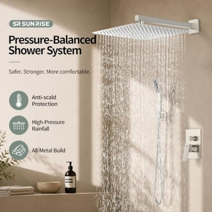SR SUN RISE Shower Faucet - 16 Inch Rain Shower System - All Metal Shower Fixtures - Brushed Nickel - color: Brushed Nickel, size: 16 Inch