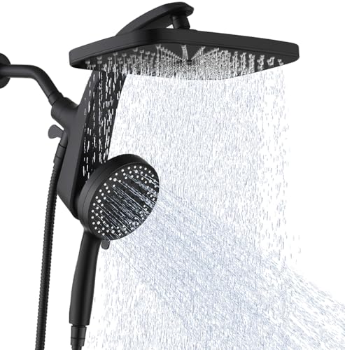 12" High Pressue Rain Shower Head with Handheld, 9 Sprays Hand Showerhead | Shower Heads with Handheld Spray Combo, Dual Head, Built-in Magnetic Docking, Power Jets, 59" Shower Hose, Black 1.75GPM - color: Black