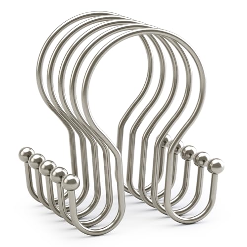AmazerBath Shower Curtain Hooks Brushed Nickel Shower Curtain Rings, Simple Double Hook Shower Curtain Hooks Rust Proof, Smooth Glide Metal Shower Hooks for Shower Curtain, 12Pcs Shower Rod Hooks - color: Nickel, style: Minimalist - Double Shower Hooks