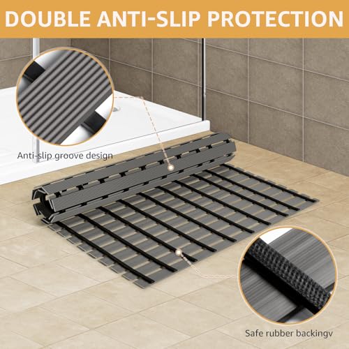 Yolife PVC Large Shower Mat, 35.4 × 24 Inch Non Suction Cup Non Slip Shower Floor Mat, Easy to Cut & Curlable Stand Up Shower Stall Mat, Heavy Duty Bath Shower Mats for Inside Shower - color: Grey