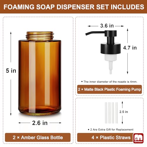 GMISUN Glass Foaming Soap Dispenser, 10 Fl oz / 300ml Amber Glass Soap Dispenser for Bathroom & Kitchen, 2 Pack Modern Refillable Foam Hand Soap Dispensers, Bathroom Hand Soap Dispensers with Labels - color: Amber Bottle, size: 10 Fl oz