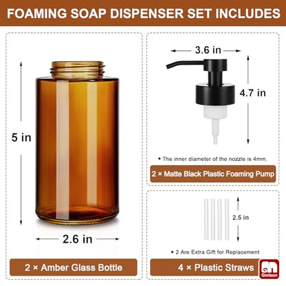 GMISUN Glass Foaming Soap Dispenser, 10 Fl oz / 300ml Amber Glass Soap Dispenser for Bathroom & Kitchen, 2 Pack Modern Refillable Foam Hand Soap Dispensers, Bathroom Hand Soap Dispensers with Labels - color: Amber Bottle, size: 10 Fl oz