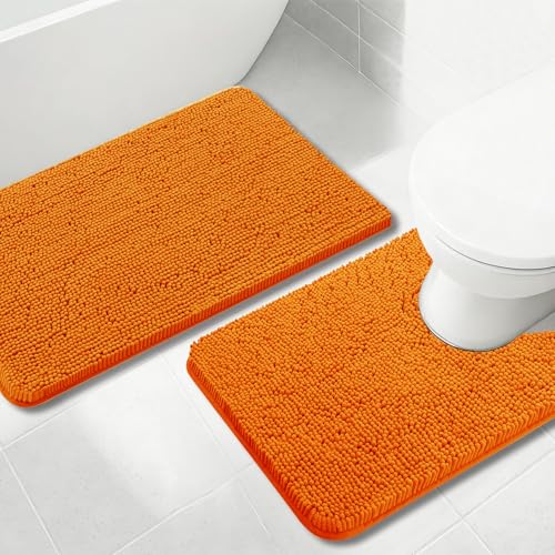 Bathroom Rugs Chenille, Extra Thick and Absorbent, Non-Slip, Machine Washable, Dry Quckily, Soft Cozy Plush, Used Under Shower Bathtub and Sink, Bath mat Sets Orange - color: Orange, size: 20 x 32 inch + 20 x 20 inch (U-Shape)
