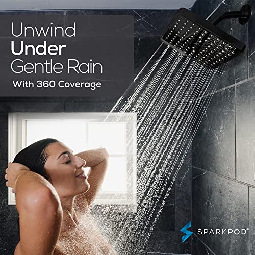 SparkPod Rain Shower Head, 8 Inch Square, Midnight Black Matte Finish | High Pressure Shower Heads, 90 Nozzles, Adjustable Showerhead, No Tools Needed, Universal Connection - color: Midnight Black Matte, style: 8 Inch Square