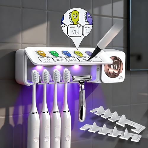 Toothbrush Holders Wall Mounted Name Labels No Drill for Family & Bathrooms | 5 name slots wall mount toothbrush holders, strong adhesive, fits electric/manual, 30-day bat, stops when open, HD display