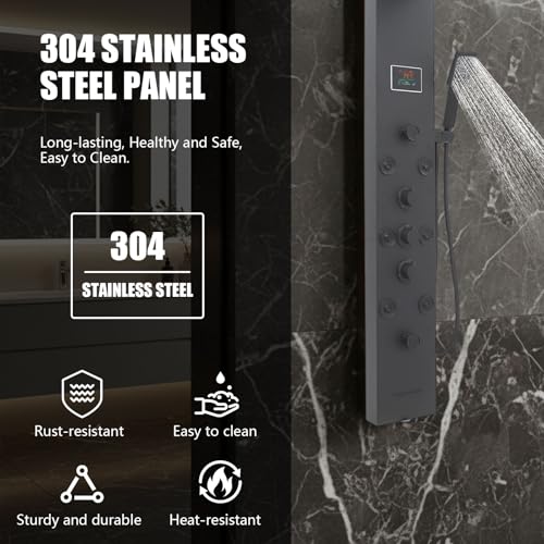 6-in-1 LED Shower Panel Tower System with 8 Adjustable Body Jets, Rainfall & Waterfall Shower, Smart Temperature Display, 59" Hose, Brushed Gold Stainless Steel, Wall Mounted (Black) - color: Black
