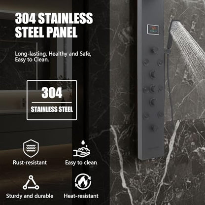 6-in-1 LED Shower Panel Tower System with 8 Adjustable Body Jets, Rainfall & Waterfall Shower, Smart Temperature Display, 59" Hose, Brushed Gold Stainless Steel, Wall Mounted (Black) - color: Black