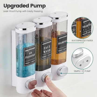 Shower Soap Dispenser 3-Chamber Wall Mount Shampoo Dispenser, White | Latch design No Drill Shampoo and Conditioner Dispenser for Bathroom Hotel, Durable ABS Material Large Capacity - color: 3white