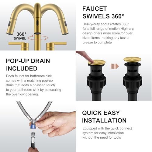 Brushed Gold Pull Down Widespread Bathroom Faucet 2 Handle 3 Hole | Pull Out Bathroom Faucet with Pop Up Drain & Supply Lines, Lead-Free cUPC & NSF Certified, 8 Inch Faucet for Vanity RV Sink - color: Brushed Gold