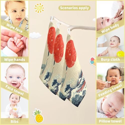 YETTASBIN Sea Waves Muslin Baby Hand Washcloths, Soft Cotton Bath Face Towel, 4 Layers Extra Absorbent Feeding Burp Cloth for Newborn Infant, 5 Pack - size: 12 Inch x 5 Pack